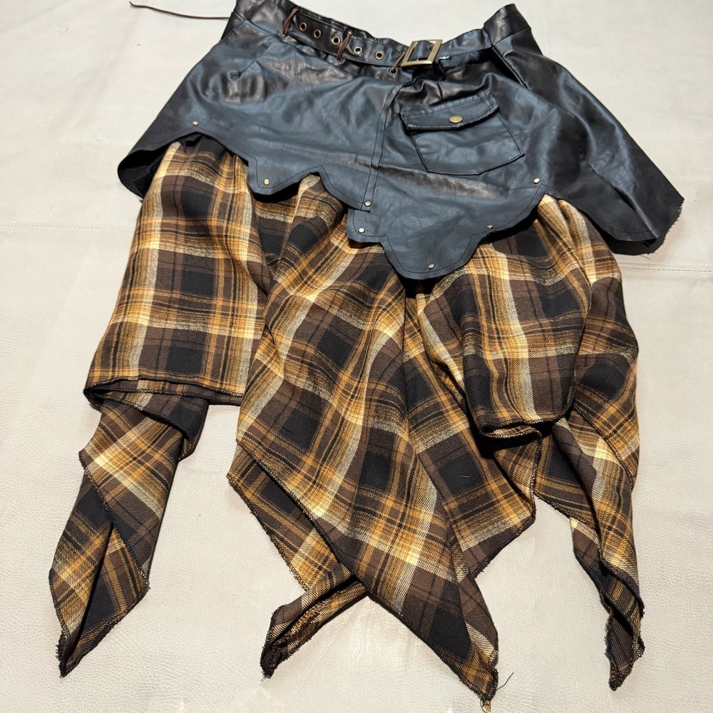 Y2K Faux Leather Plaid Earthtone Handkerchief Hem Skirt Whimsigoth-10-7231
